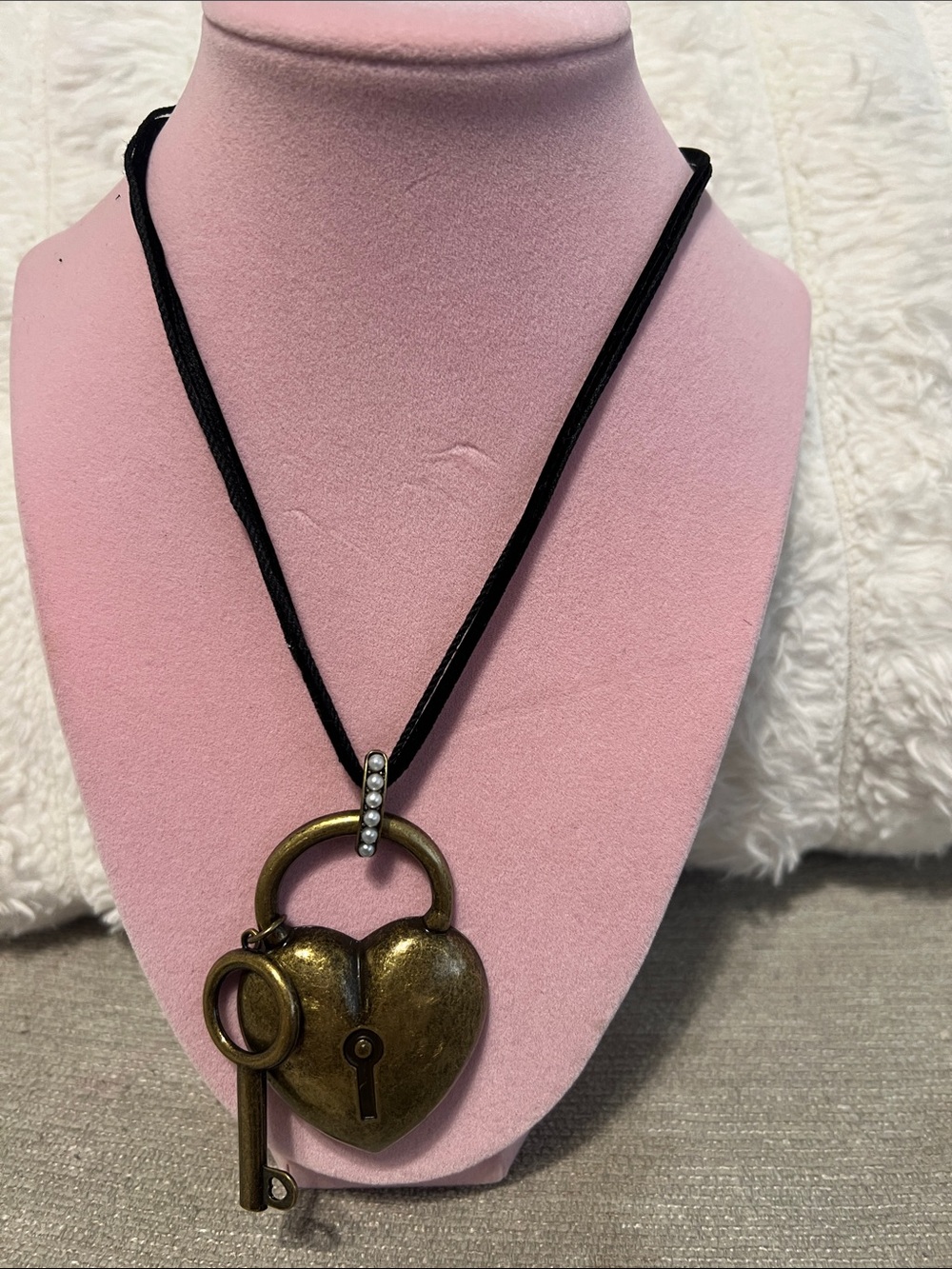 Antique Brass Heart Padlock Pendant Necklace with Key - Black Cord